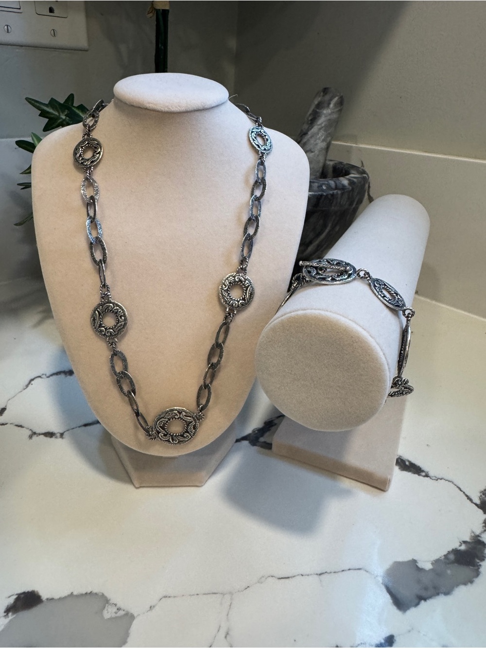 Sterling 925 Chain Necklace and Bracelet Set - Ornate Link Design
19” long